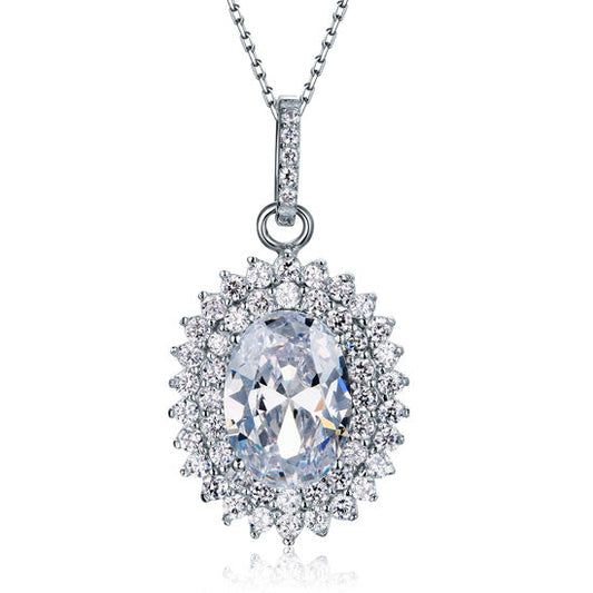 Double Halo 6 Carat Oval Cut Created Diamond Necklace 925 Sterling Silver Necklaces