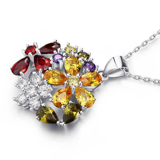 3.5 Carat Multi-Color Created Sapphire Flower 925 Sterling Silver Pendant Necklace Necklaces