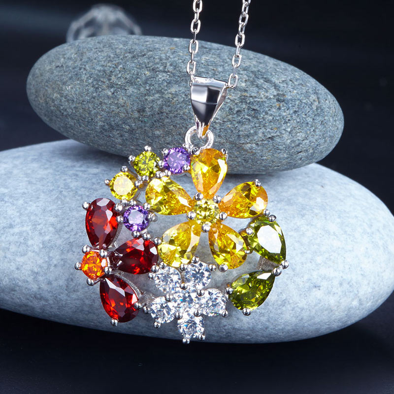 3.5 Carat Multi-Color Created Sapphire Flower 925 Sterling Silver Pendant Necklace Necklaces