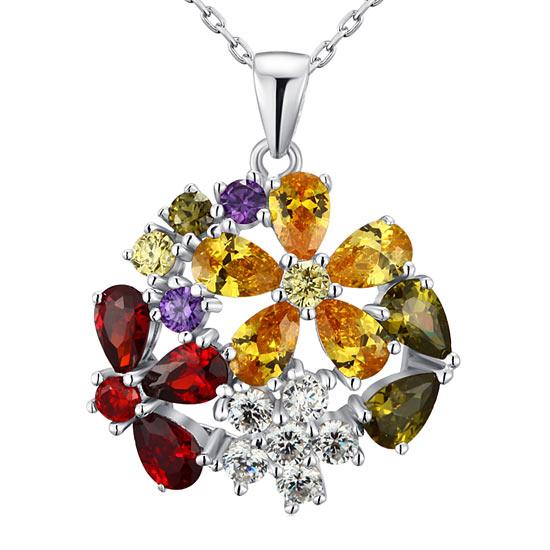 3.5 Carat Multi-Color Created Sapphire Flower 925 Sterling Silver Pendant Necklace Necklaces