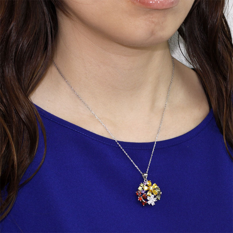 3.5 Carat Multi-Color Created Sapphire Flower 925 Sterling Silver Pendant Necklace Necklaces