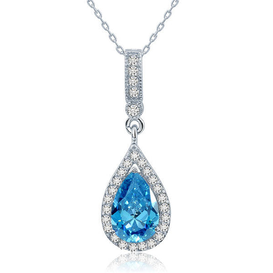 3 Carat Pear Cut Blue Created Diamond Halo Necklace 925 Sterling Silver