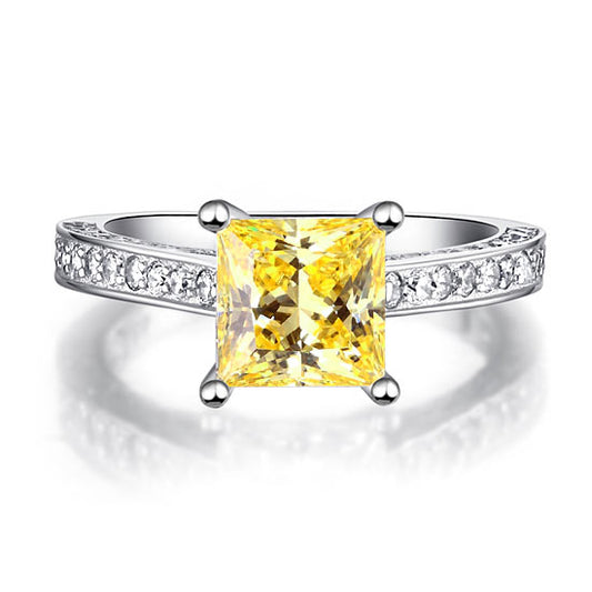 1.5 Carat Princess Cut Yellow Canary Created Diamond Engagement Ring 925 Sterling Silver