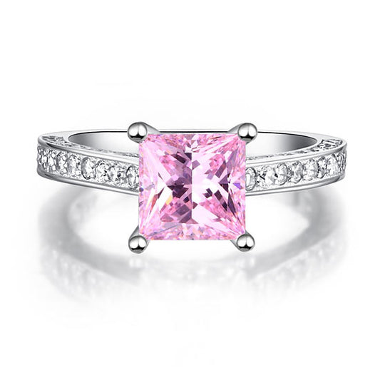 1.5 Carat Princess Cut Fancy Pink Created Diamond Engagement Ring 925 Sterling Silver