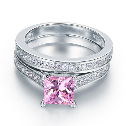 1.5 Carat Princess Cut Fancy Pink Created Diamond Engagement Ring Set 925 Sterling Silver