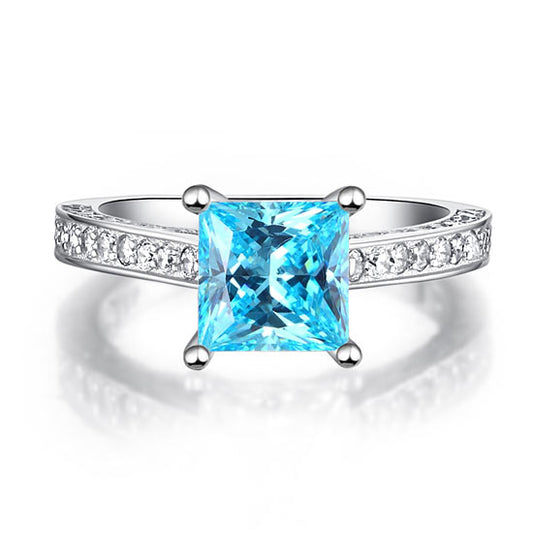 1.5 Carat Princess Cut Fancy Blue Created Diamond Engagement Ring 925 Sterling Silver