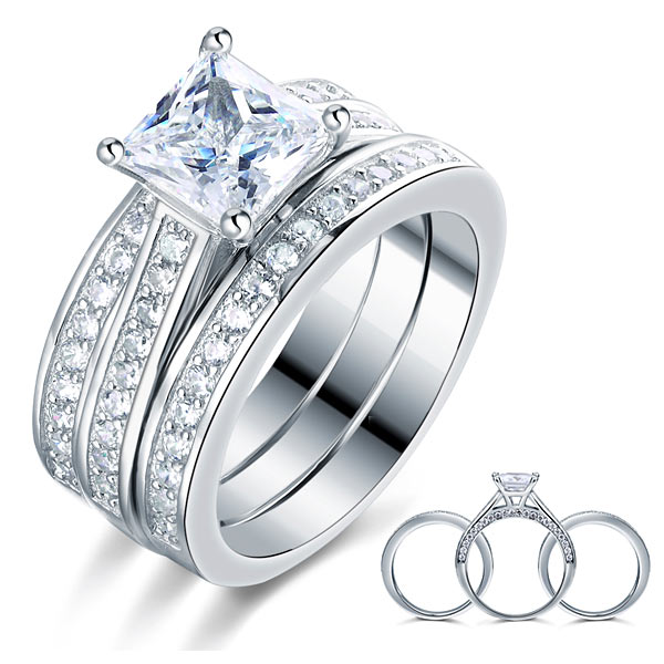 Princess Cut 3 Pcs Created Diamond Wedding Engagement Ring Set 925 Sterling Silver Rings