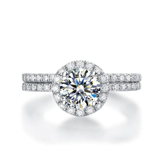 1 Carat Round Moissanite Halo Engagement Ring Set