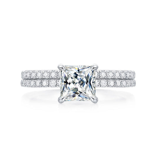 1Ct Princess Moissanite Accented Engagement Ring Set 925 Sterling Silver